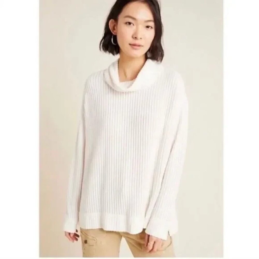 Maeve by Anthropologie Cream Ribbed Chunky Knit Sweater Cowl Neck Size Medium - Picture 2 of 11